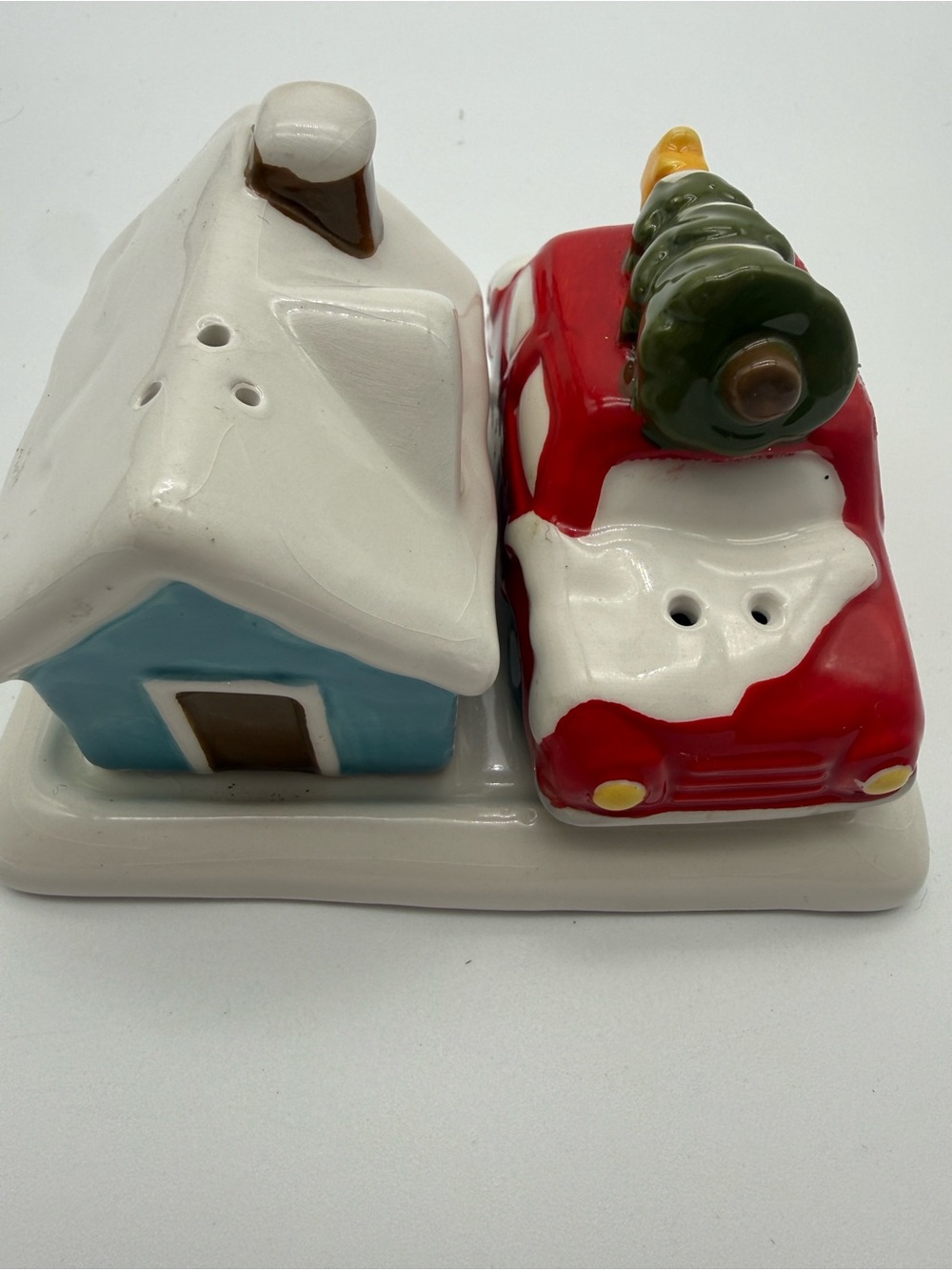 Holiday Ceramic House and Red Truck Salt & Pepper Shaker Set